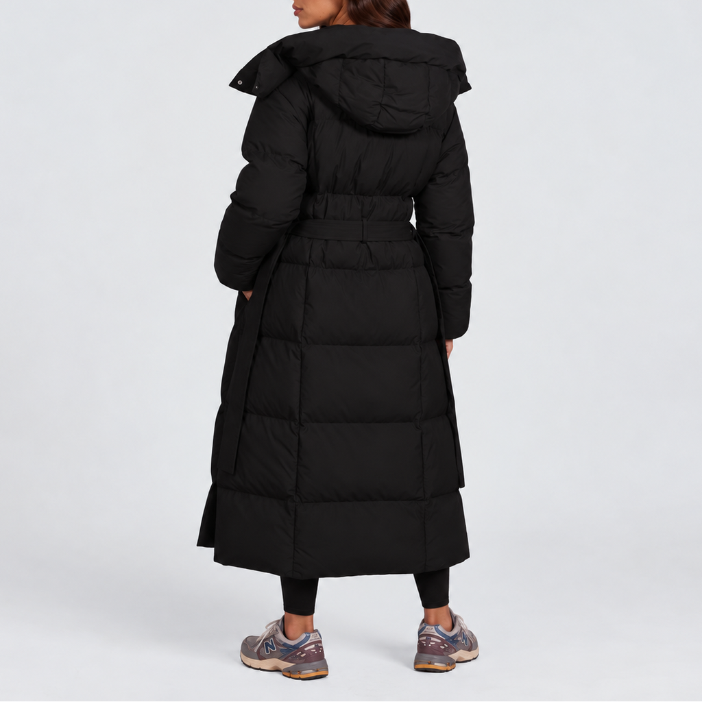 Longline Puffer Coat Hooded Belted Black Women's – Winter, Casual, Everyday, Gift
