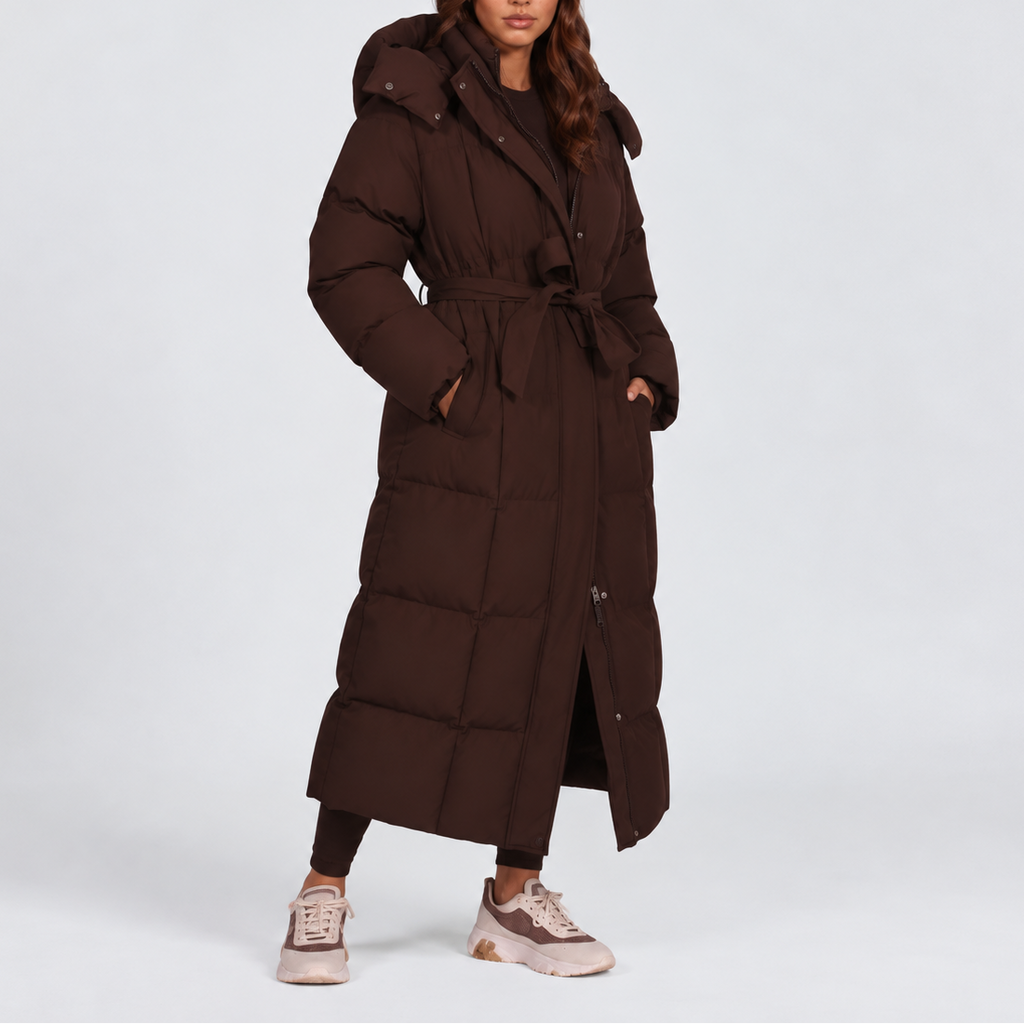 Longline Puffer Coat Hooded Belted Black Women's – Winter, Casual, Everyday, Gift