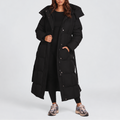 Longline Puffer Coat Hooded Belted Black Women's – Winter, Casual, Everyday, Gift