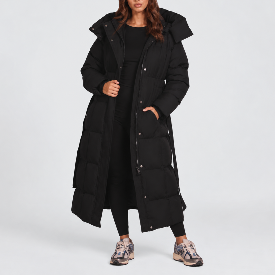 Longline Puffer Coat Hooded Belted Black Women's – Winter, Casual, Everyday, Gift