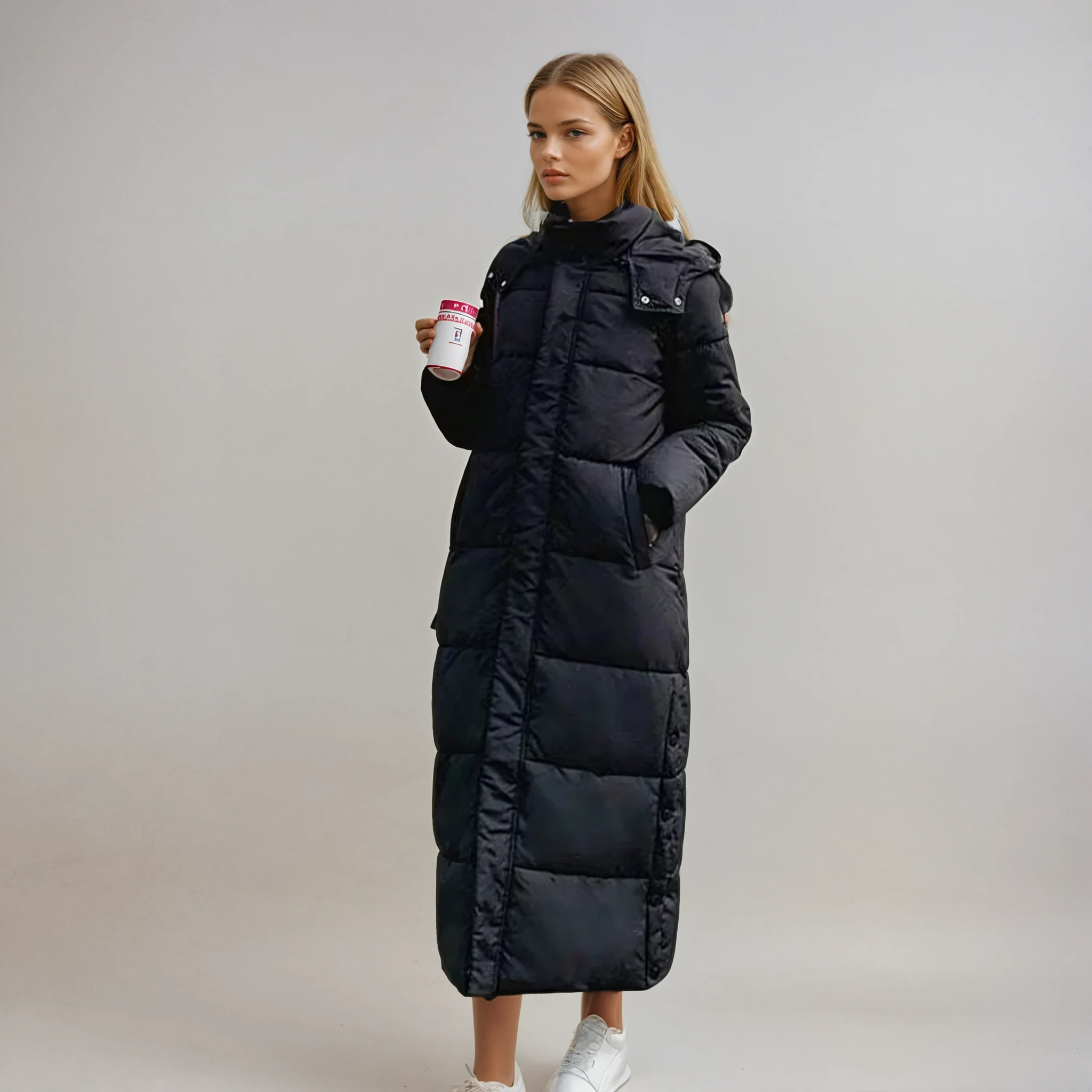 Longline Puffer Coat Hooded Women's Beige Quilted Padded – Casual, Winter, Office, Gift