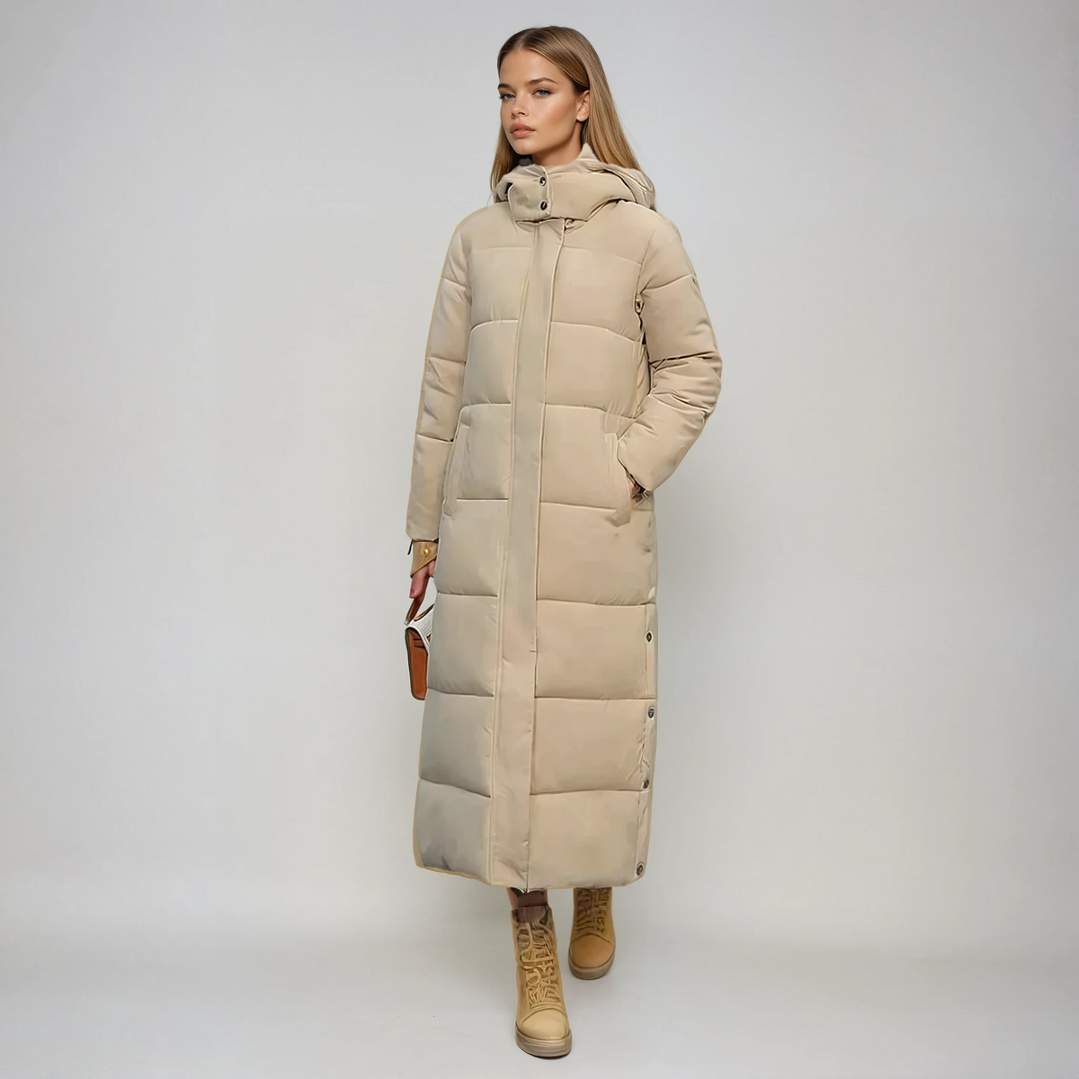 Longline Puffer Coat Hooded Women's Beige Quilted Padded – Casual, Winter, Office, Gift