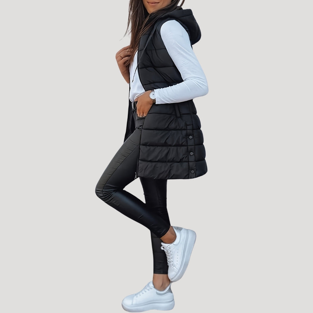 Longline Puffer Vest Hooded Quilted Green Women's Sleeveless Gilet – Casual, Winter Layering, Outdoor
