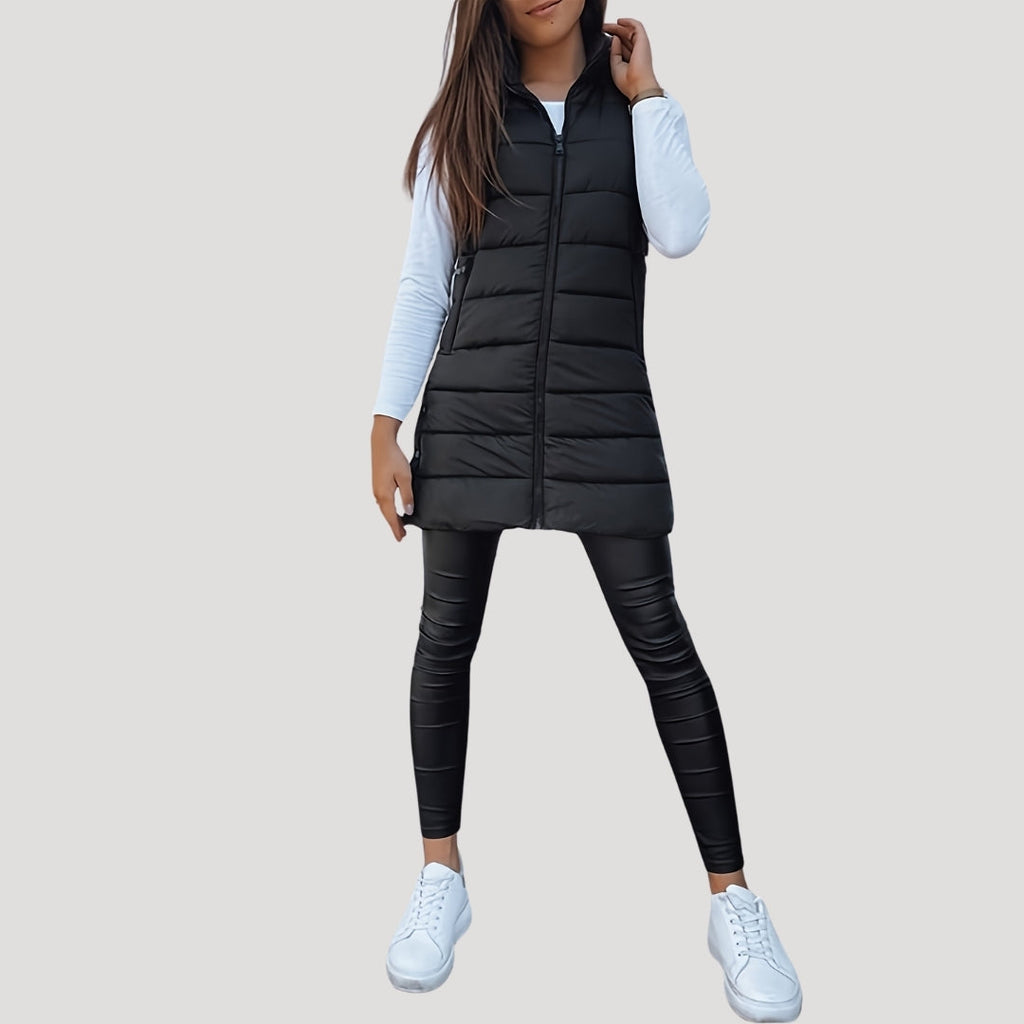 Longline Puffer Vest Hooded Quilted Green Women's Sleeveless Gilet – Casual, Winter Layering, Outdoor
