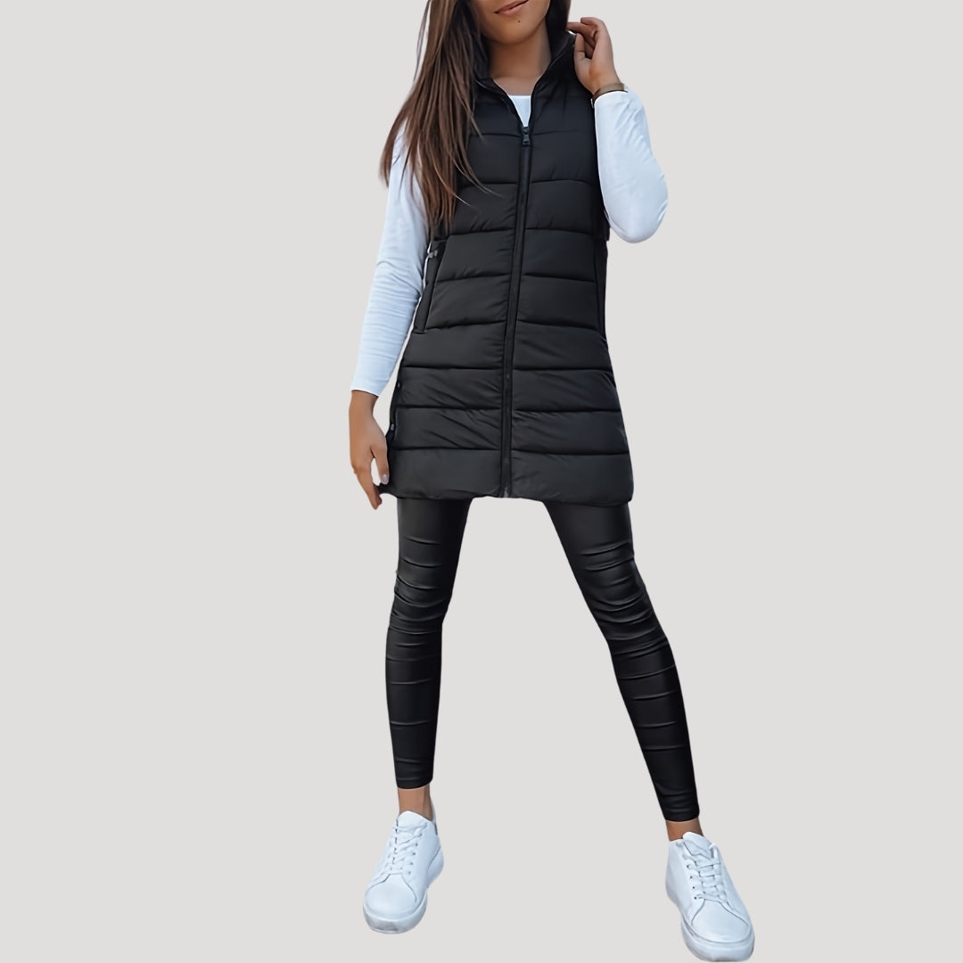 Longline Puffer Vest Hooded Quilted Green Women's Sleeveless Gilet – Casual, Winter Layering, Outdoor