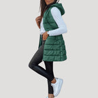 Longline Puffer Vest Hooded Quilted Green Women's Sleeveless Gilet – Casual, Winter Layering, Outdoor