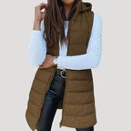Longline Puffer Vest Hooded Quilted Green Women's Sleeveless Gilet – Casual, Winter Layering, Outdoor