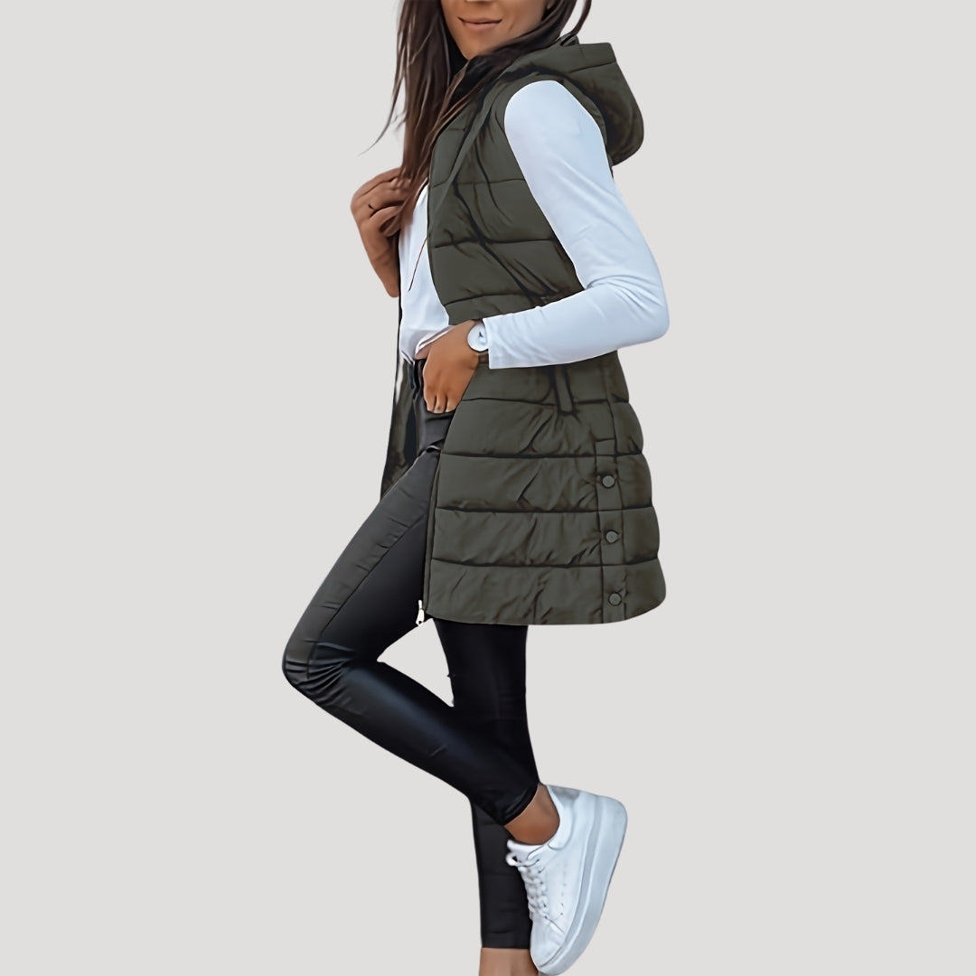 Longline Puffer Vest Hooded Quilted Green Women's Sleeveless Gilet – Casual, Winter Layering, Outdoor