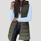 Longline Puffer Vest Hooded Quilted Green Women's Sleeveless Gilet – Casual, Winter Layering, Outdoor