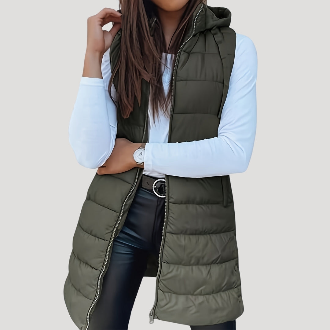 Longline Puffer Vest Hooded Quilted Green Women's Sleeveless Gilet – Casual, Winter Layering, Outdoor