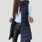 Longline Puffer Vest Hooded Quilted Green Women's Sleeveless Gilet – Casual, Winter Layering, Outdoor