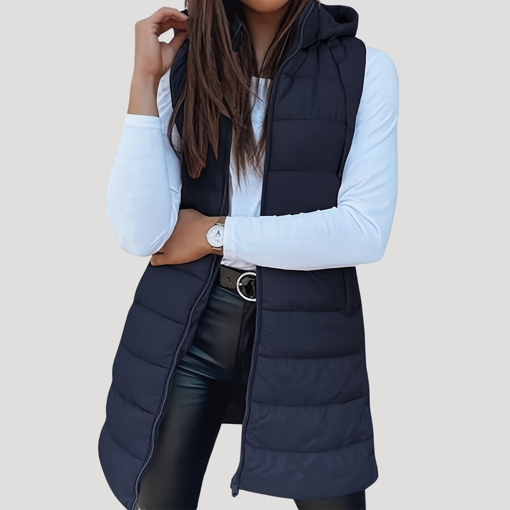 Longline Puffer Vest Hooded Quilted Green Women's Sleeveless Gilet – Casual, Winter Layering, Outdoor