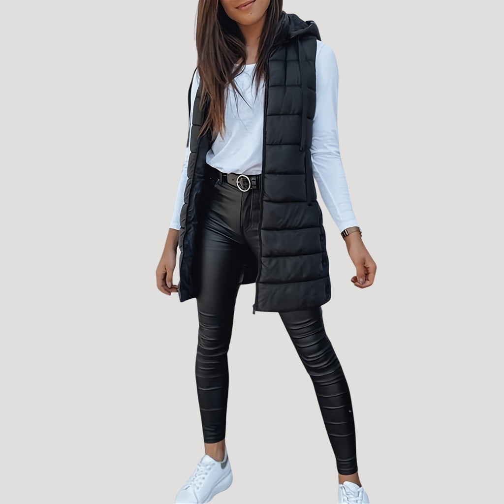 Longline Puffer Vest Hooded Quilted Green Women's Sleeveless Gilet – Casual, Winter Layering, Outdoor