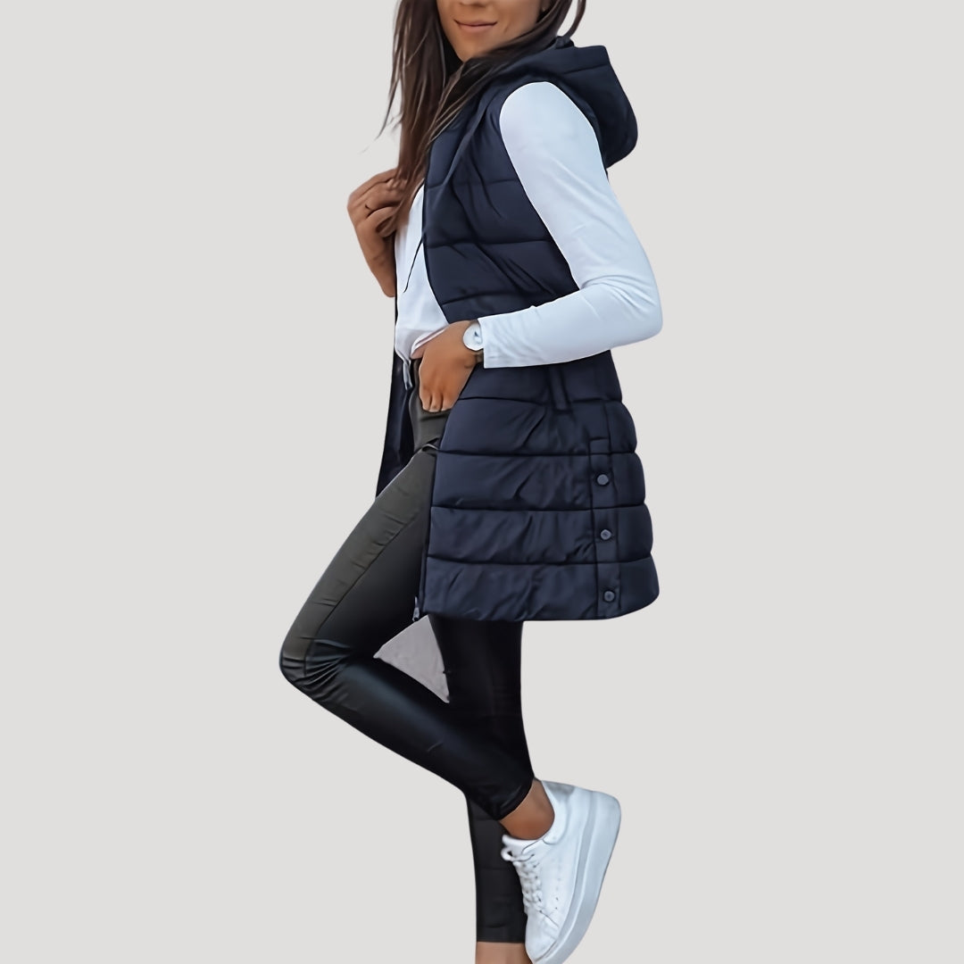 Longline Puffer Vest Hooded Quilted Green Women's Sleeveless Gilet – Casual, Winter Layering, Outdoor