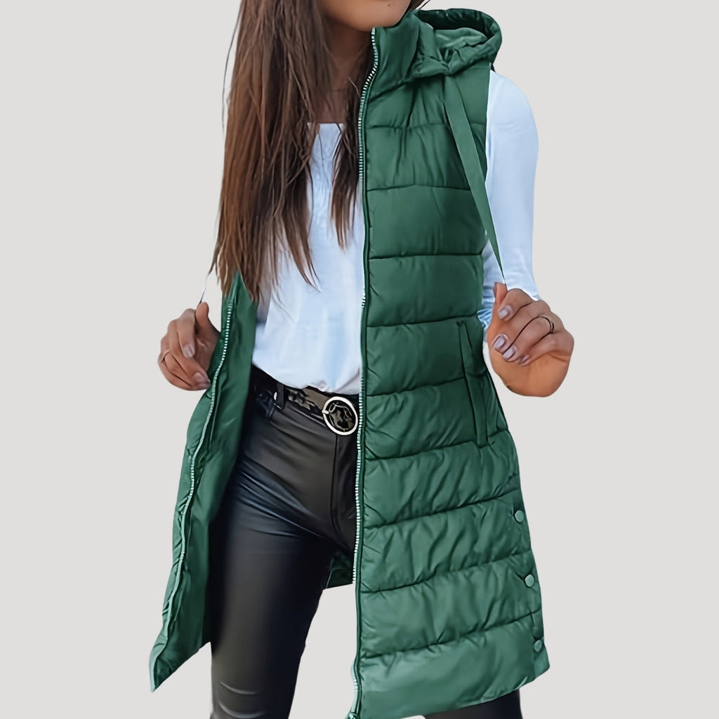 Longline Puffer Vest Hooded Quilted Green Women's Sleeveless Gilet – Casual, Winter Layering, Outdoor