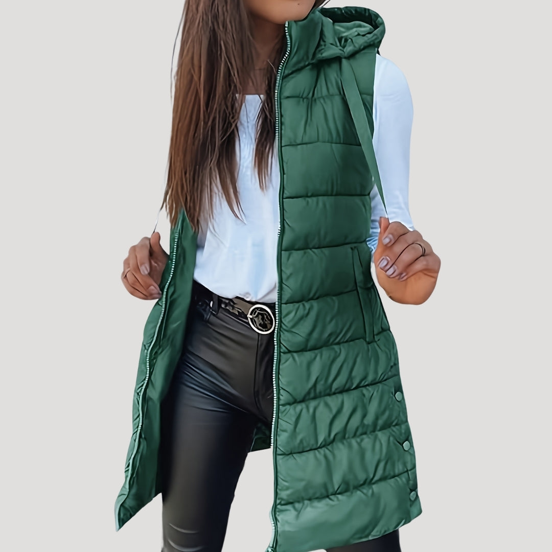 Longline Puffer Vest Hooded Quilted Green Women's Sleeveless Gilet – Casual, Winter Layering, Outdoor