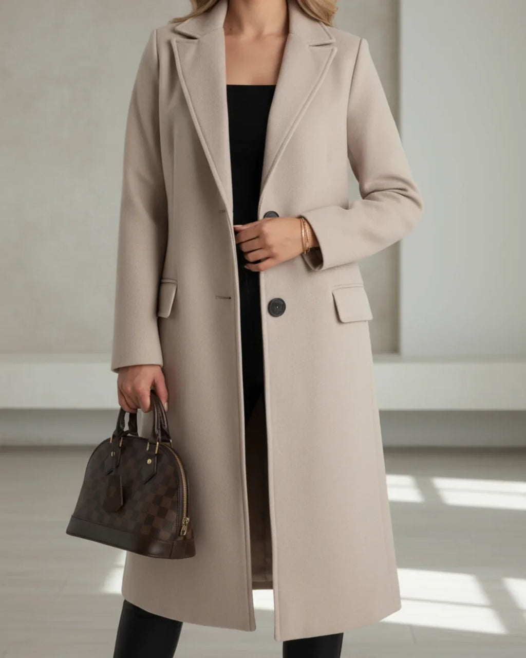 Longline Tailored Coat Wool Blend Grey Women's Notched Lapel Single-Breasted – Office, Casual