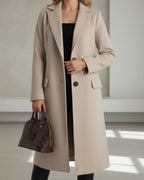 Longline Tailored Coat Wool Blend Grey Women's Notched Lapel Single-Breasted – Office, Casual