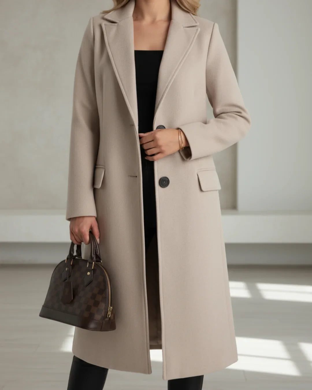 Longline Tailored Coat Wool Blend Grey Women's Notched Lapel Single-Breasted – Office, Casual