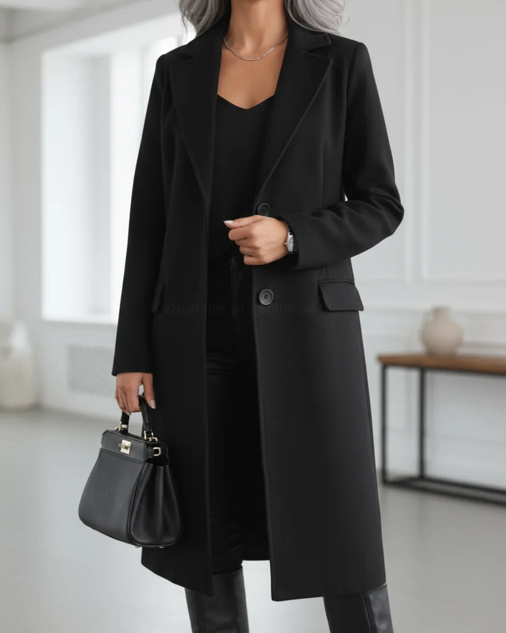 Longline Tailored Coat Wool Blend Grey Women's Notched Lapel Single-Breasted – Office, Casual