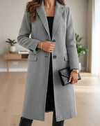 Longline Tailored Coat Wool Blend Grey Women's Notched Lapel Single-Breasted – Office, Casual
