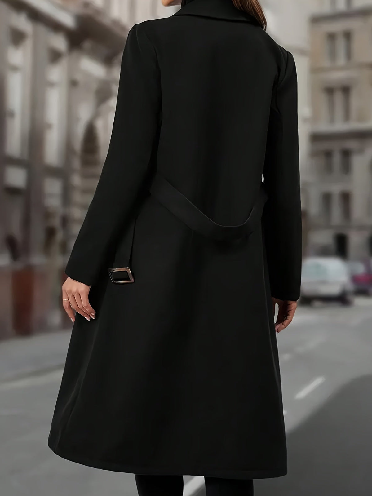 Longline Trench Coat Double-Breasted Black Women's Lapel Overcoat – Office, Casual, Winter Gift