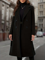 Longline Trench Coat Double-Breasted Black Women's Lapel Overcoat – Office, Casual, Winter Gift
