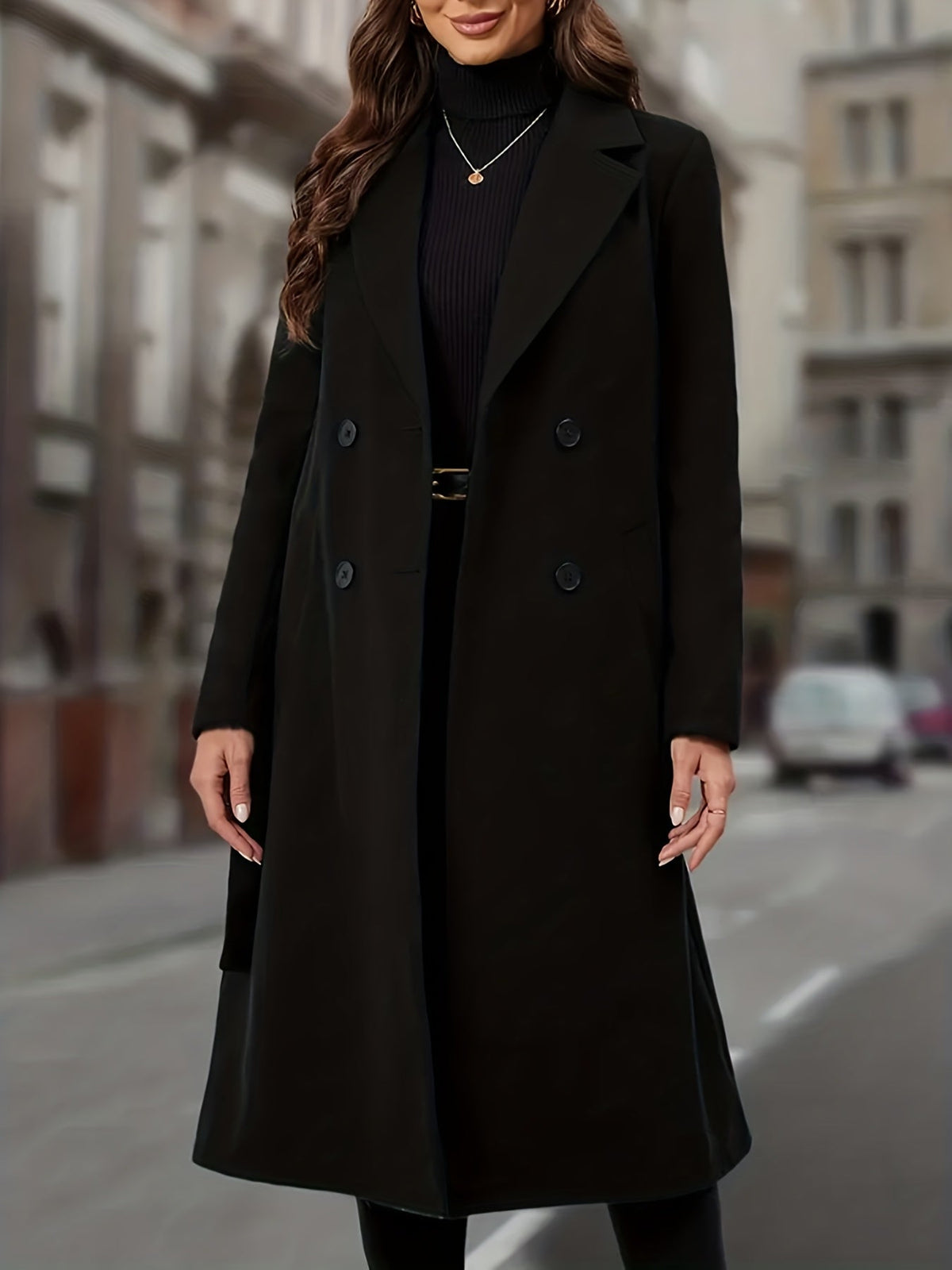 Longline Trench Coat Double-Breasted Black Women's Lapel Overcoat – Office, Casual, Winter Gift
