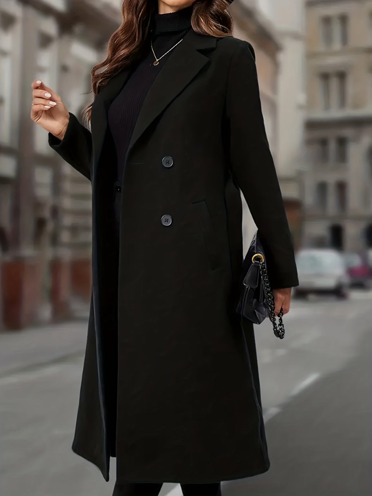 Longline Trench Coat Double-Breasted Black Women's Lapel Overcoat – Office, Casual, Winter Gift