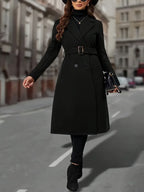 Longline Trench Coat Double-Breasted Black Women's Lapel Overcoat – Office, Casual, Winter Gift