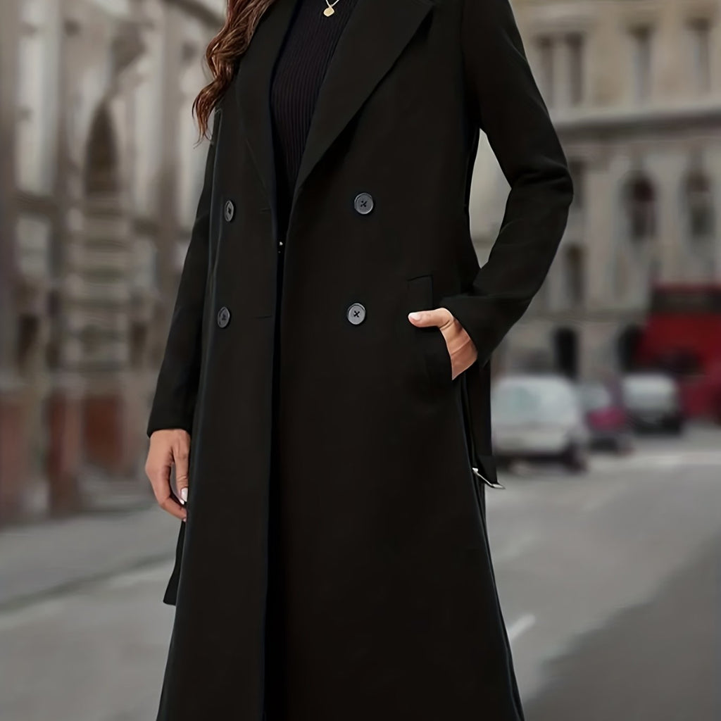 Longline Trench Coat Double-Breasted Black Women's Lapel Overcoat – Office, Casual, Winter Gift