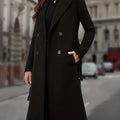 Longline Trench Coat Double-Breasted Black Women's Lapel Overcoat – Office, Casual, Winter Gift