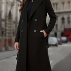 Longline Trench Coat Double-Breasted Black Women's Lapel Overcoat – Office, Casual, Winter Gift