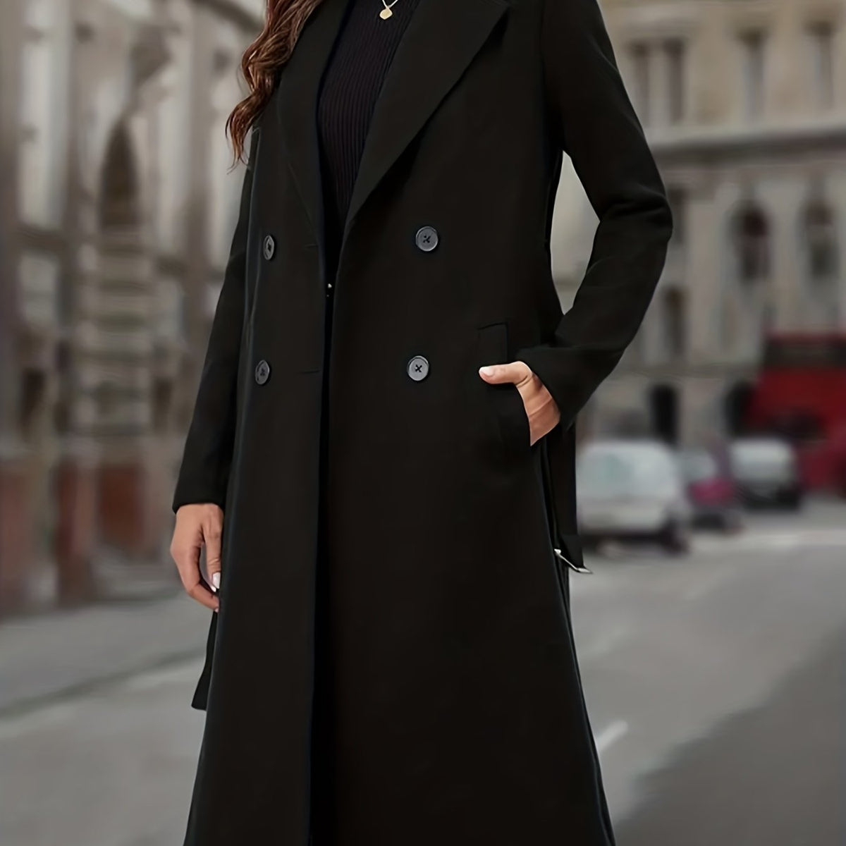 Longline Trench Coat Double-Breasted Black Women's Lapel Overcoat – Office, Casual, Winter Gift