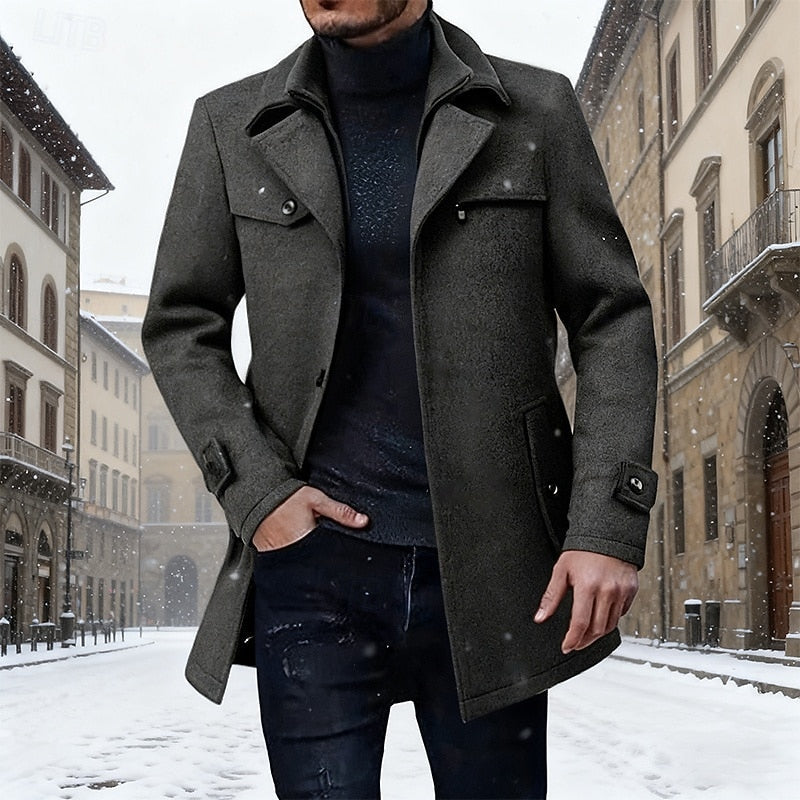 Longline Wool Coat Tan Men's Single-Breasted Overcoat – Winter, Casual, Office, Gift