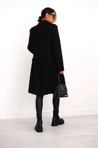 Longline Wool Coat Women's Black Double-Breasted Gold Buttons – Office, Casual, Winter, Gift