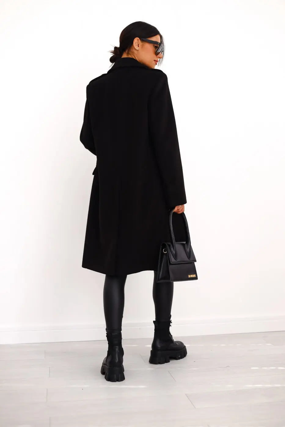 Longline Wool Coat Women's Black Double-Breasted Gold Buttons – Office, Casual, Winter, Gift