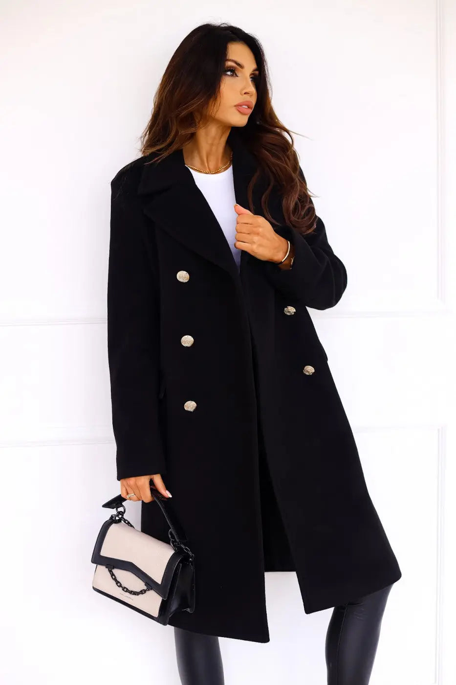 Longline Wool Coat Women's Black Double-Breasted Gold Buttons – Office, Casual, Winter, Gift