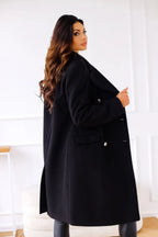 Longline Wool Coat Women's Black Double-Breasted Gold Buttons – Office, Casual, Winter, Gift