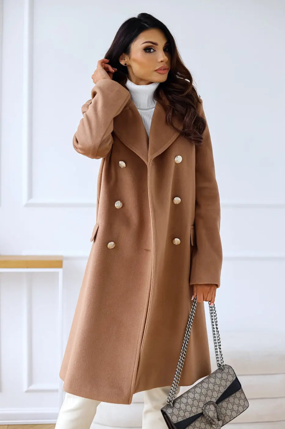 Longline Wool Coat Women's Black Double-Breasted Gold Buttons – Office, Casual, Winter, Gift