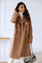 Longline Wool Coat Women's Black Double-Breasted Gold Buttons – Office, Casual, Winter, Gift
