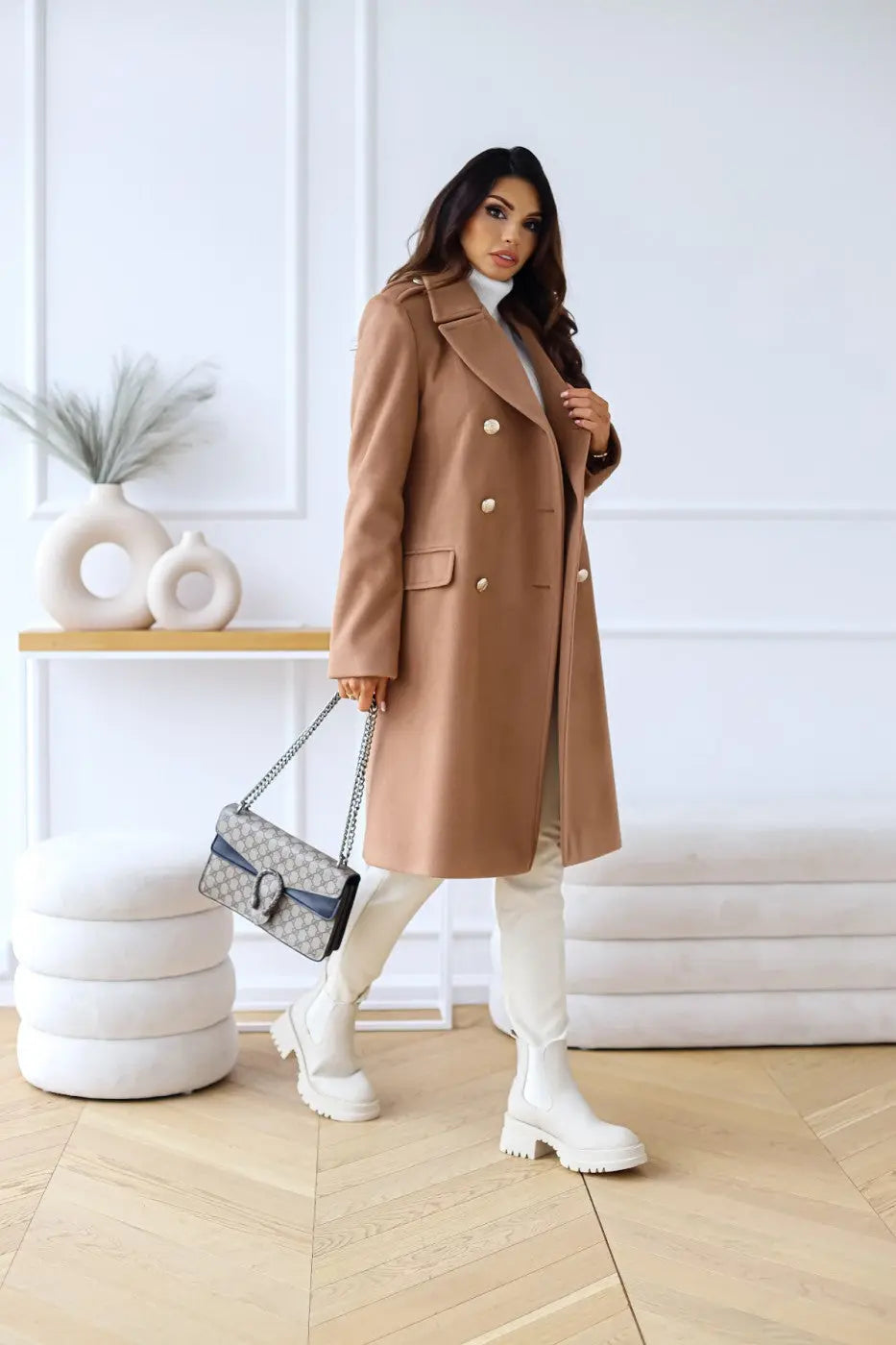 Longline Wool Coat Women's Black Double-Breasted Gold Buttons – Office, Casual, Winter, Gift