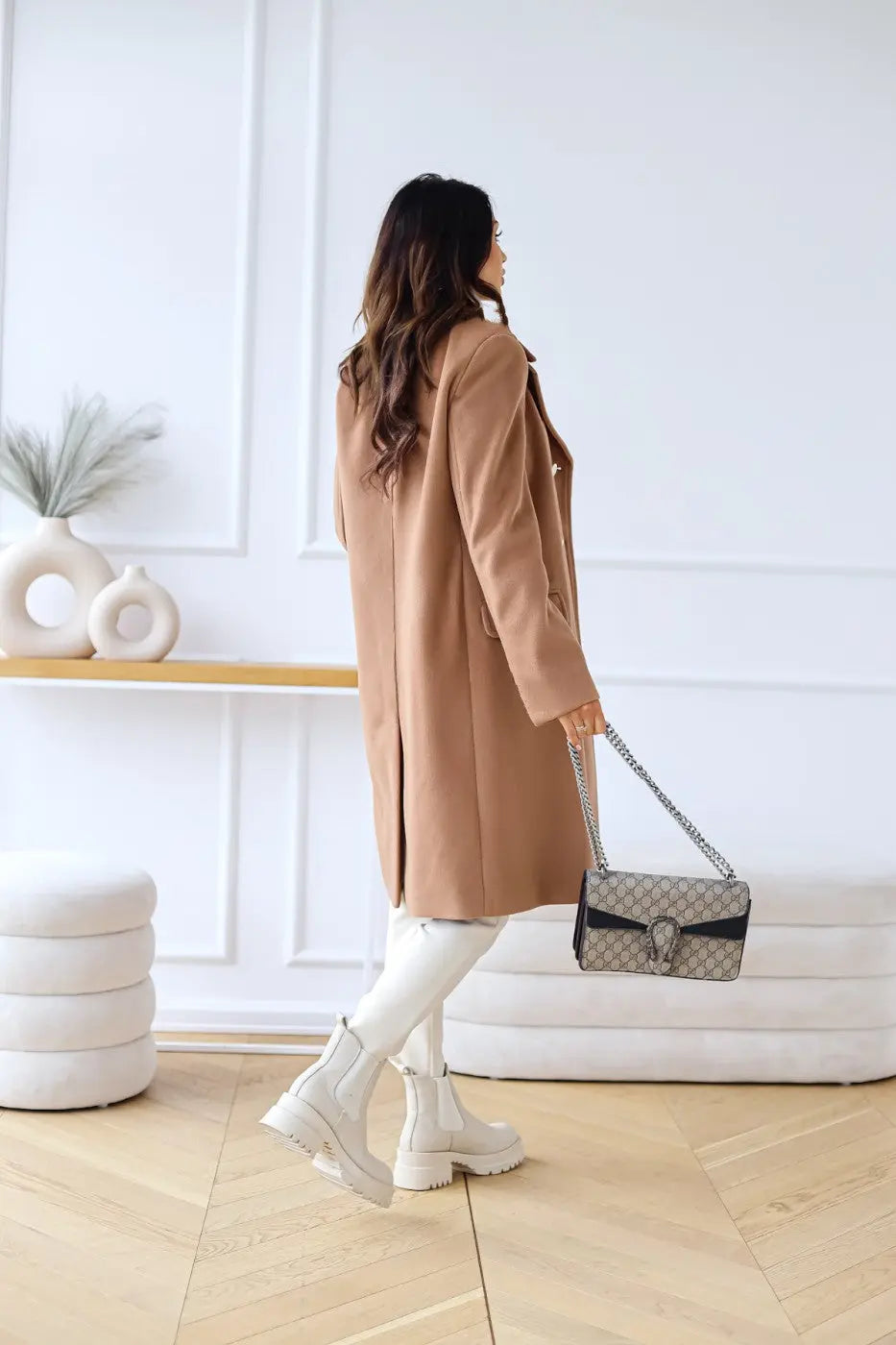 Longline Wool Coat Women's Black Double-Breasted Gold Buttons – Office, Casual, Winter, Gift