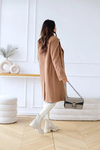 Longline Wool Coat Women's Black Double-Breasted Gold Buttons – Office, Casual, Winter, Gift