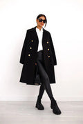 Longline Wool Coat Women's Black Double-Breasted Gold Buttons – Office, Casual, Winter, Gift