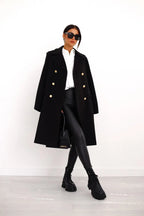 Longline Wool Coat Women's Black Double-Breasted Gold Buttons – Office, Casual, Winter, Gift