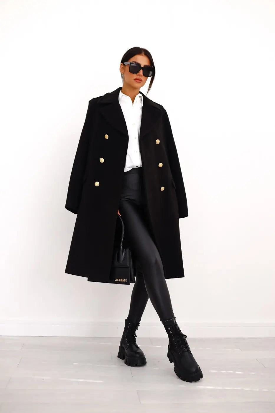 Longline Wool Coat Women's Black Double-Breasted Gold Buttons – Office, Casual, Winter, Gift