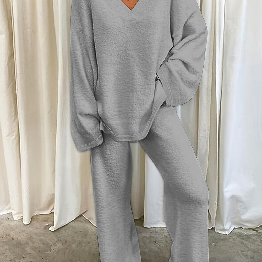 Lounge Set Fleece Women's V-Neck Top Wide-Leg Trousers Purple – Casual, Loungewear, Home Comfort, Gift