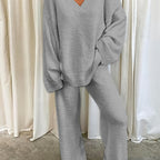 Lounge Set Fleece Women's V-Neck Top Wide-Leg Trousers Purple – Casual, Loungewear, Home Comfort, Gift