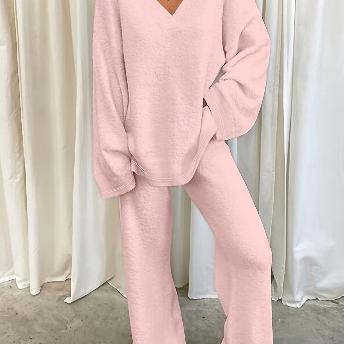 Lounge Set Fleece Women's V-Neck Top Wide-Leg Trousers Purple – Casual, Loungewear, Home Comfort, Gift